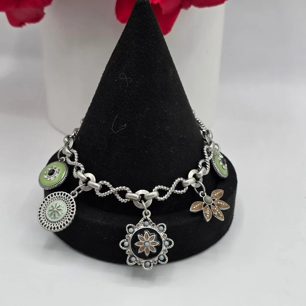 Lia Sophia Silver Tone Enamel Floral Charm Bracelet Green Brown Rhinestone 8.5in